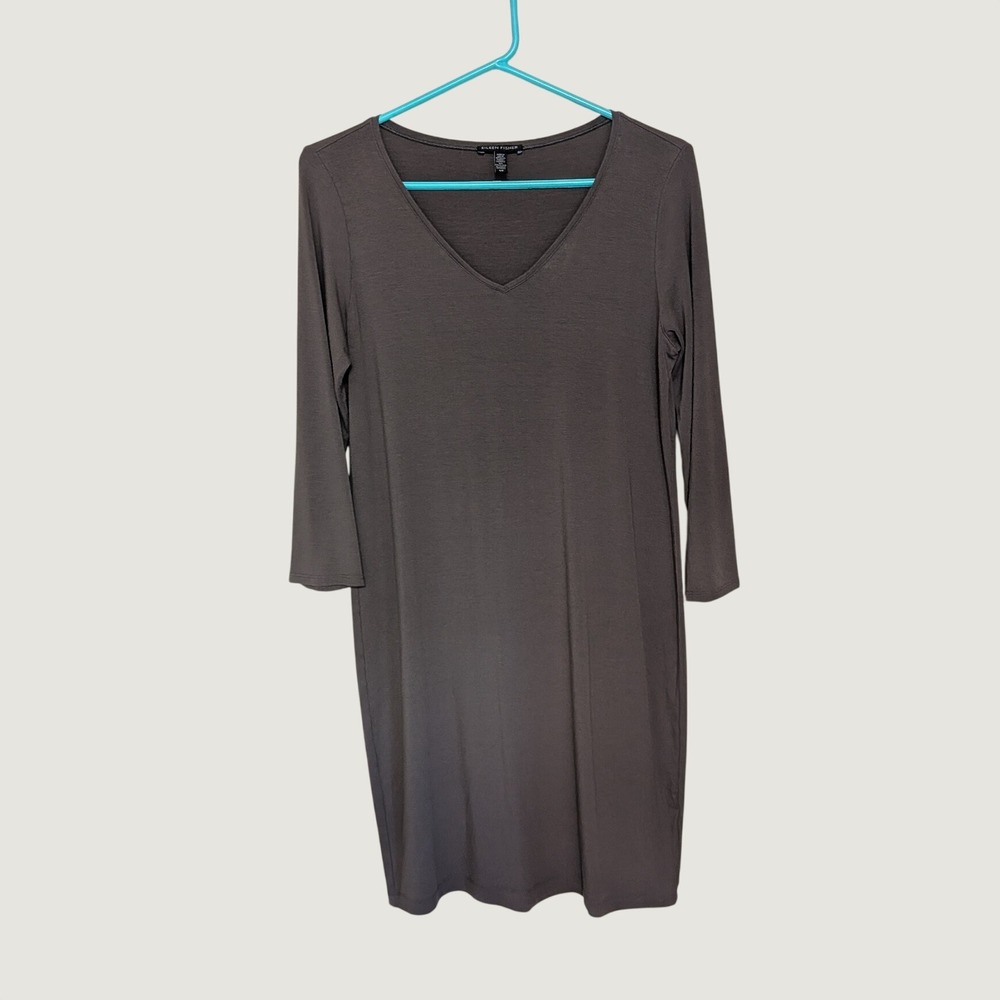 Eileen Fisher V-Neck 3/4 Sleeve Jersey Shift Dress Taupe Gray Small S/P